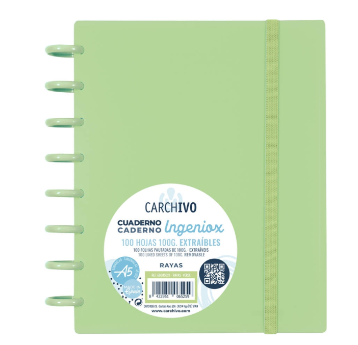 Caderno INGENIOX Verde Pastel C/Elástico (Verde - A5 - Pautado)