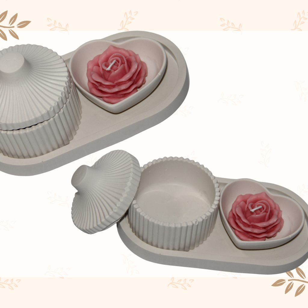 🤍🌸 Conjunto Decorativo com Vela Rosa em Coração 🌸🤍